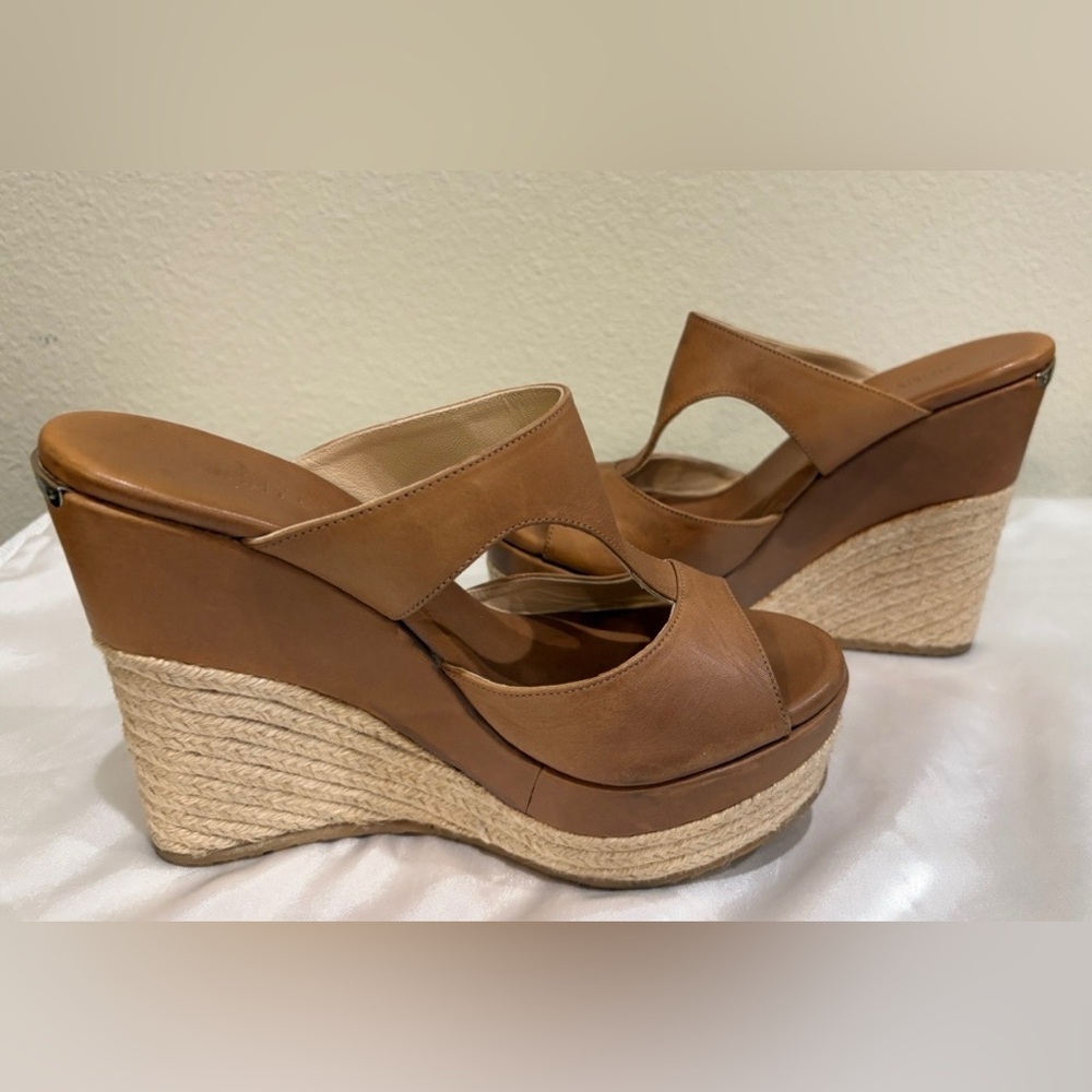 Jimmy Choo Elegant Tan Leather Open Toe Wedge Heels SIZE 38 EU 7.5 US